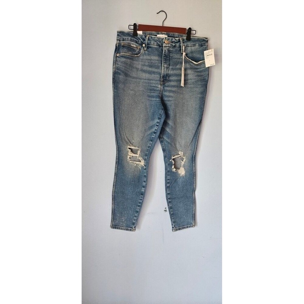 NWT Good American Good Curve Skinny Crop Jeans Size 12 Blue Distressed High Rise